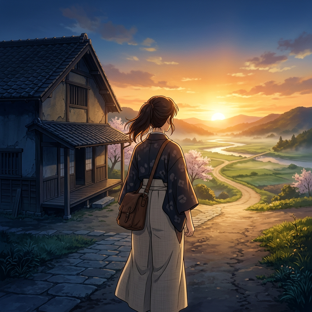Traveler standing beside a traditional Japanese house overlooking a sunset valley